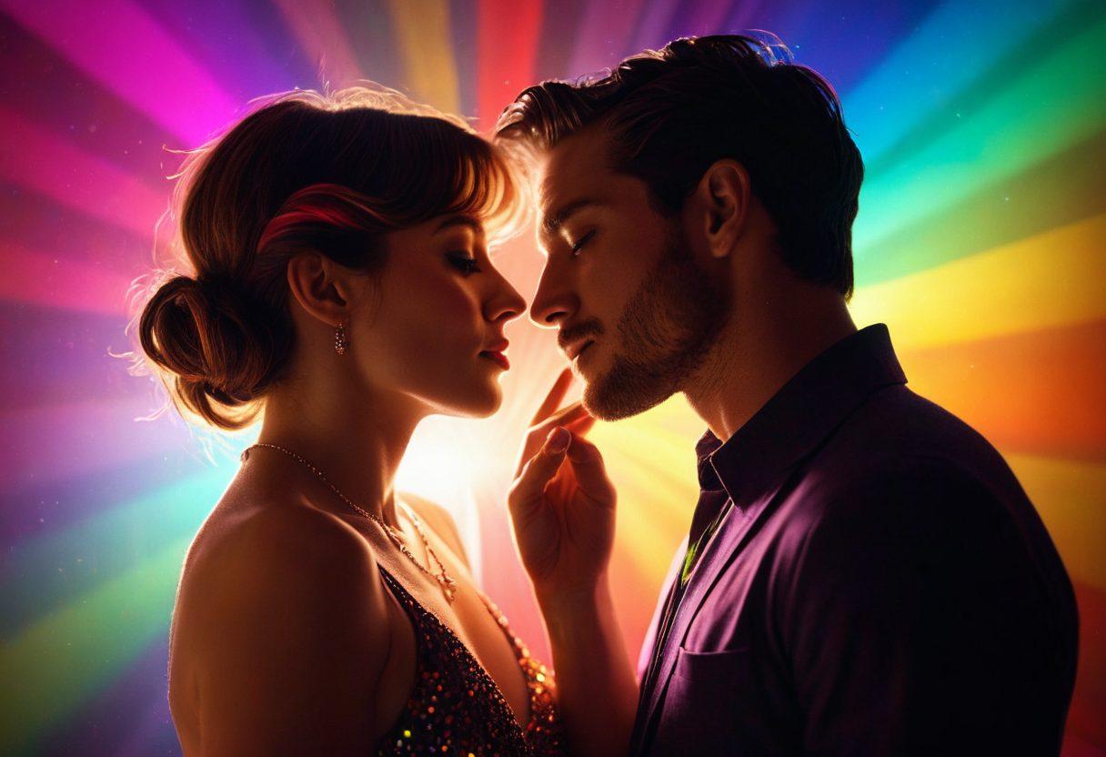 A vibrant and colorful film reel unraveling to reveal stills from iconic same-sex romance and erotic scenes, with silhouettes of diverse couples entwined in passionate moments. The background is filled with sparkling lights representing a lively film festival atmosphere, and hints of rainbow colors blending through the scene. Artistic elements of vintage film style enhance the nostalgia. bold colors. cinematic. vibrant colors. 