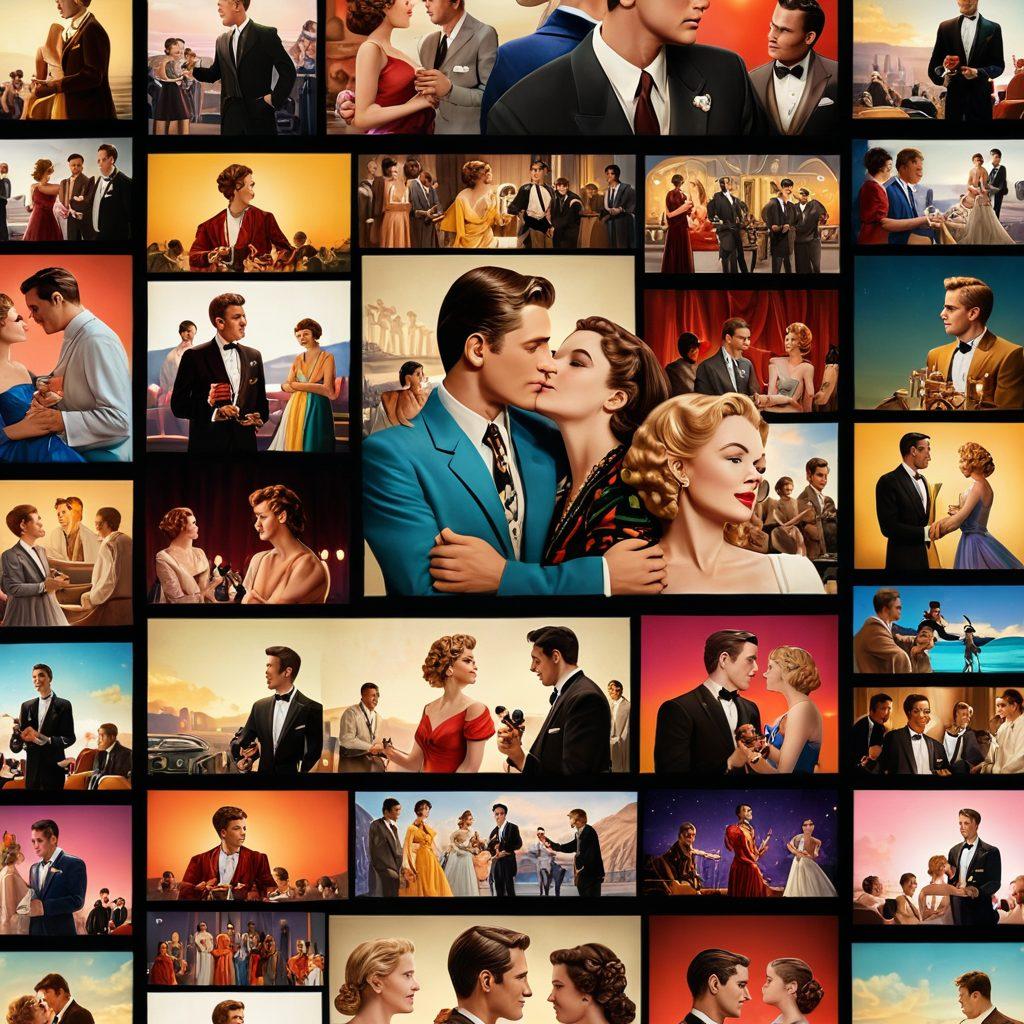 A dynamic collage showcasing the evolution of gay romance in cinema, featuring iconic scenes from classic films to modern masterpieces. Include diverse couples in passionate embraces, vibrant film reels, and marquee lights illuminating the background. Integrate imagery of directors and actors who have pioneered this genre, blending nostalgia with contemporary aesthetics. The overall vibe should be warm, celebratory, and cinematic. vibrant colors. 3D. digital art.