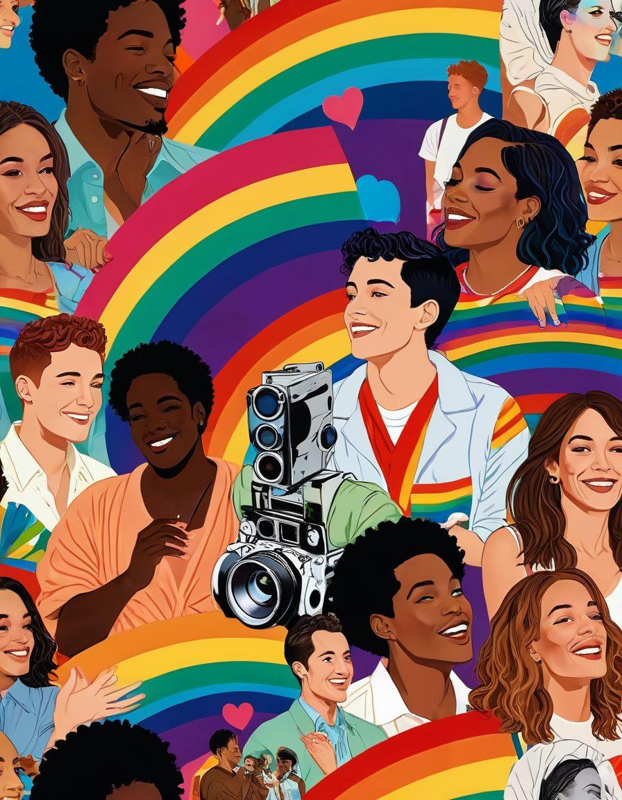 A vibrant collage showcasing various LGBTQ+ adult film scenes, highlighting diverse characters in intimate moments, set against a backdrop of a colorful rainbow spectrum. Include elements of film reels, hearts, and film awards subtly woven into the design to represent the impact of these films. The overall tone should be inclusive and celebratory, with a focus on representation and diversity. vivid colors. modern illustration. bold lines.